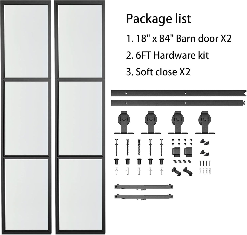 JUBEST 36 x 84 Inch Double Barn Door with 6FT Hardware Kit and Soft Close Mechanism Include, 2 Sets of 18in x 84in 3-Paneled Frosted Glass with Carbon Steel Frame Barn Door, Easy to Install