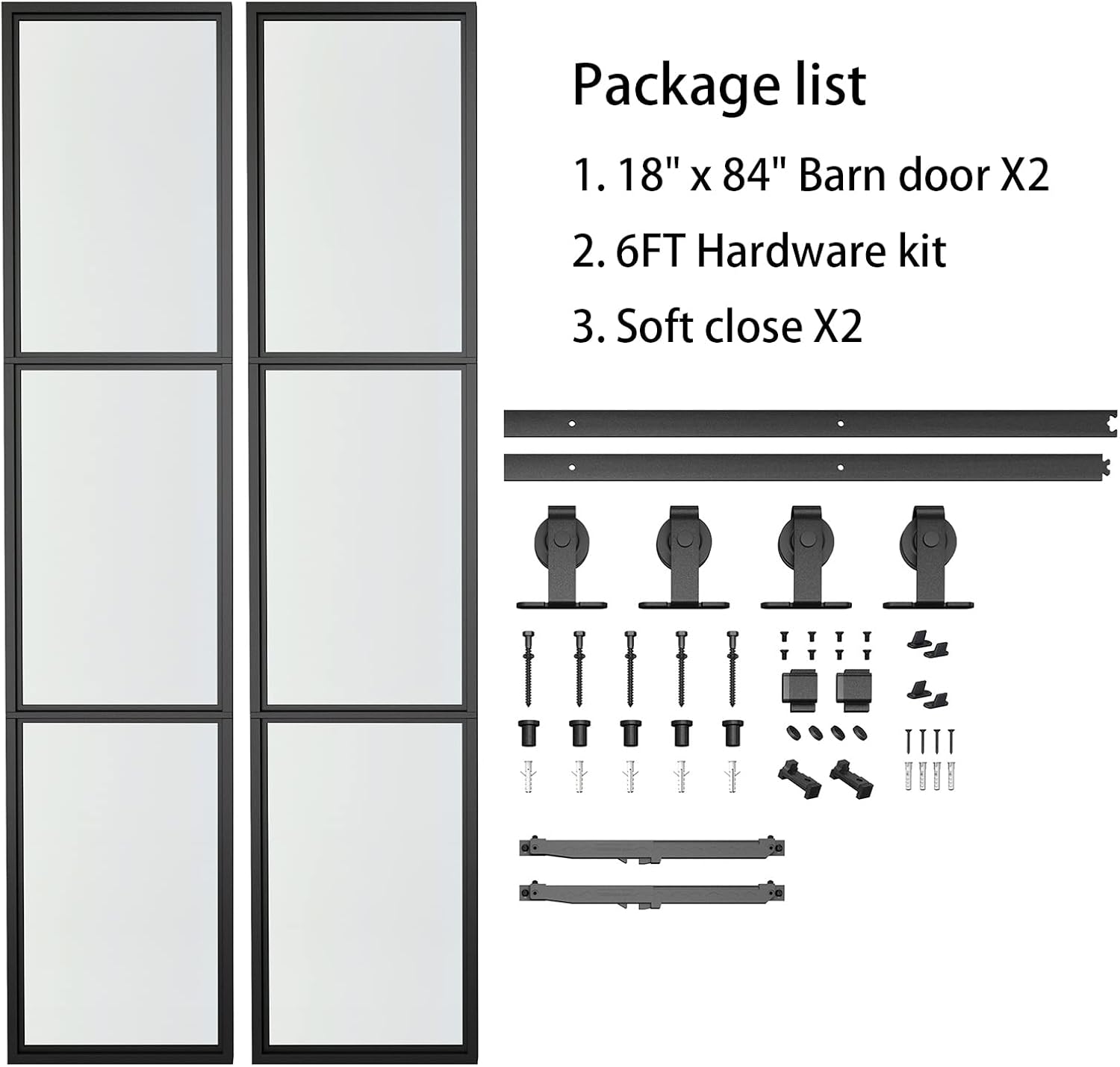 JUBEST 36 x 84 Inch Double Barn Door with 6FT Hardware Kit and Soft Close Mechanism Include, 2 Sets of 18in x 84in 3-Paneled Frosted Glass with Carbon Steel Frame Barn Door, Easy to Install