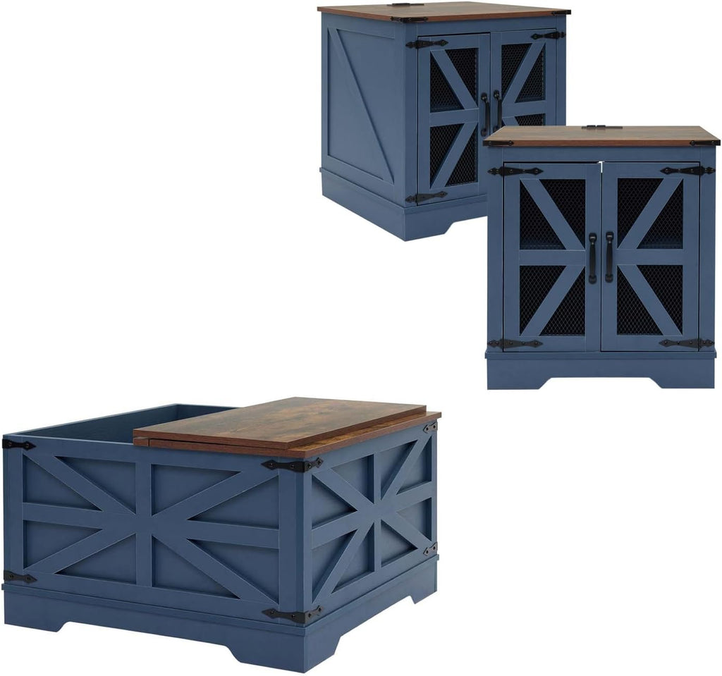 Farmhouse Nightstand with Charging Station Set of 2, Side Table with Barn Door and Storage, Rustic Wood Bedside Table, End Table for Living Room and Bedroom, Blue