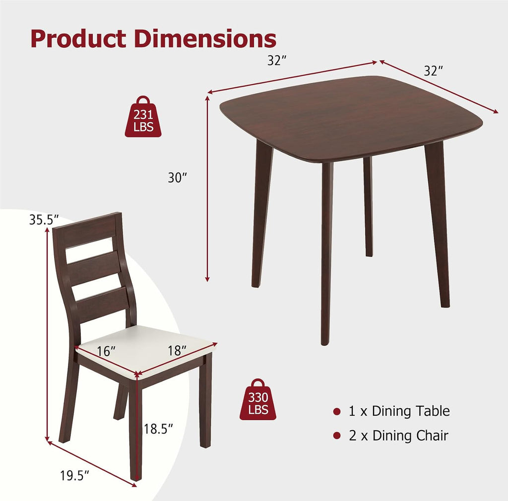 Tangkula Compact Dining Table Set for 2, Wooden Round Kitchen Table & 2 Chairs with Cushioned Seats, 3-Piece Dining Set for Small Spaces, Kitchen, Living Room