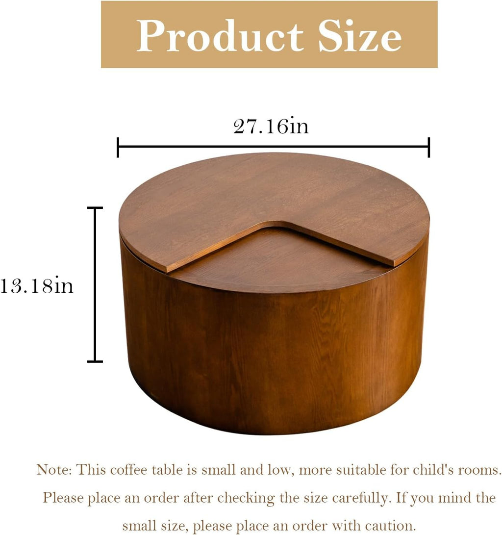 27.16' Modern Walnut Side Table with Storage, Mid Century Round Sofa End Table - 360° Rotation Tabletop for Small Space No Assemble Required (Walnut 27.16in)