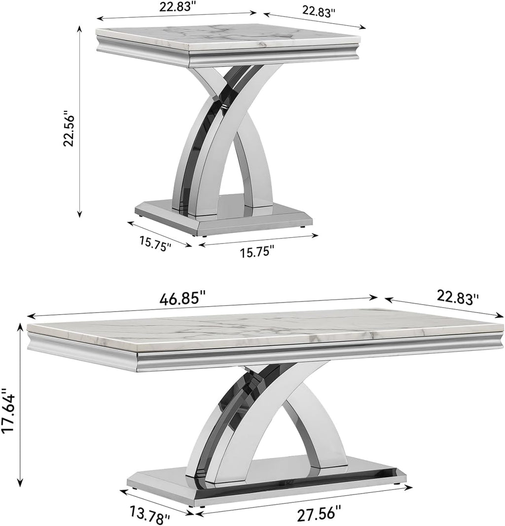 3 Pieces Coffee Table Set, Faux Marble Living Room Table Set of 3, Modern Coffee Table and 2 End Tables with X-Shaped Stainless Steel Base for Living Room (White Silver)