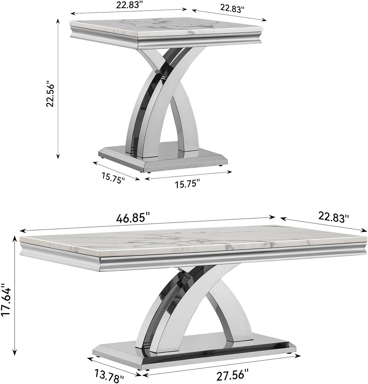3 Pieces Coffee Table Set, Faux Marble Living Room Table Set of 3, Modern Coffee Table and 2 End Tables with X-Shaped Stainless Steel Base for Living Room (White Silver)