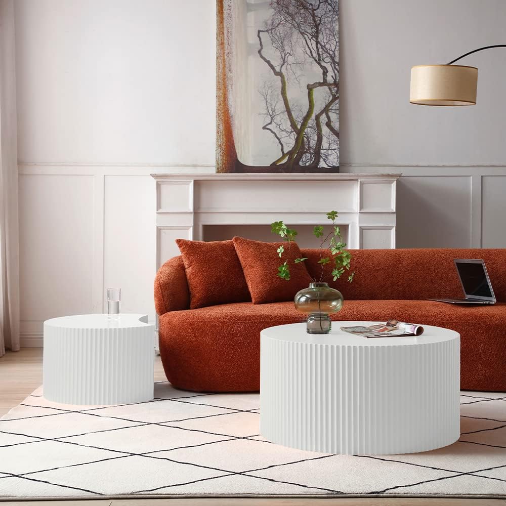 WILLIAMSPACE Nesting Coffee Table Set of 2, Round & Crescent Moon Wooden Coffee Tables, Modern Luxury Accent End Tea Table for Living Room Apartment (White-Round)