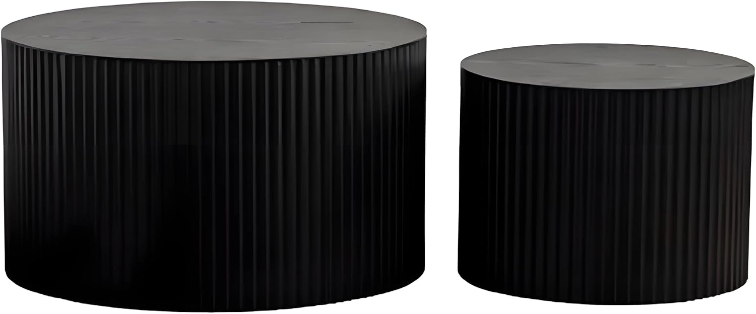Nesting Coffee Table Set of 2 Wood Circle Drum Coffee Tables Set Contemporary Fluted Coffee Table Round Wooden Coffee Tables for Living Room & Small Space (Black, 18.9 +14.9in)