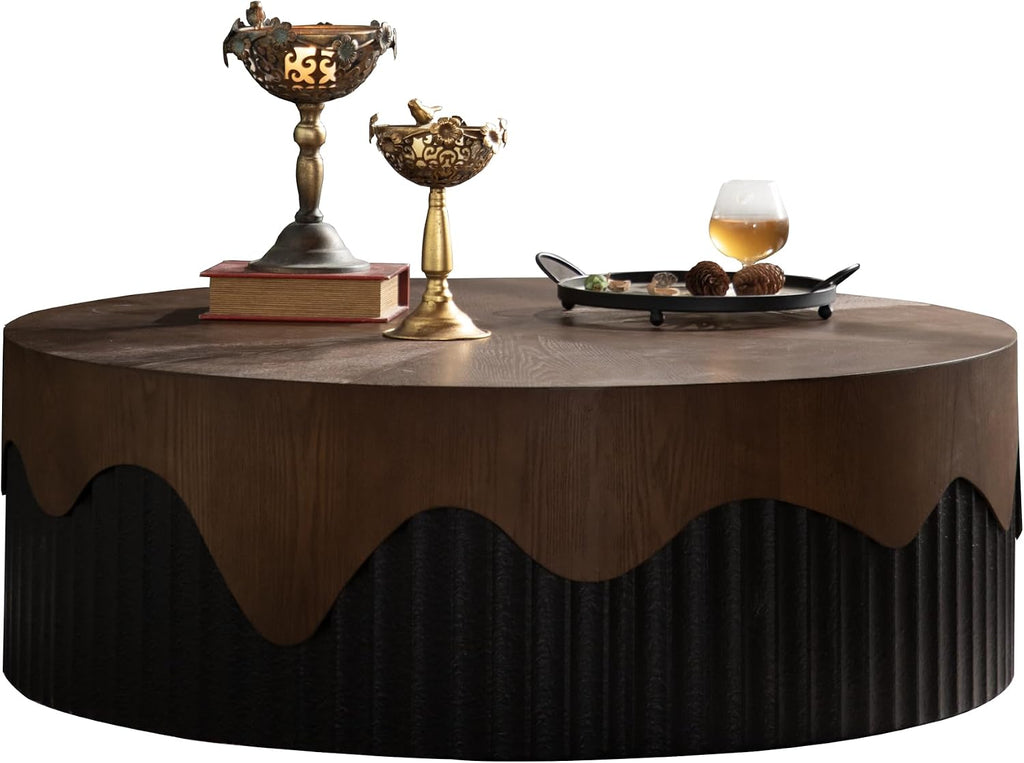 38.97'' Handcrafted Round Coffee Table for Living Room, Modern Mid-Century Circle Drum Wood Coffee Table, Easy Assembly, Black & Walnut