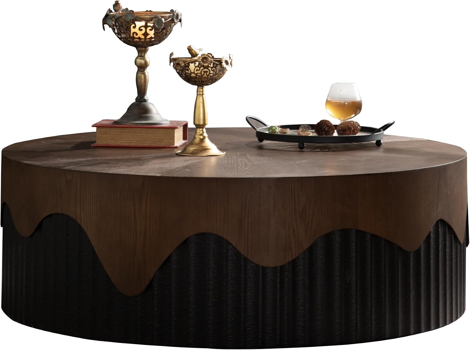38.97'' Handcrafted Round Coffee Table for Living Room, Modern Mid-Century Circle Drum Wood Coffee Table, Easy Assembly, Black & Walnut