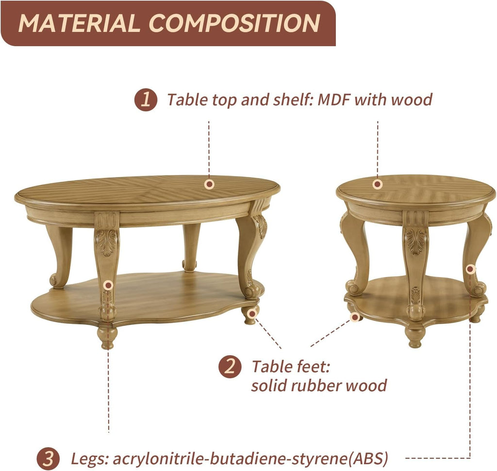 LKTART 3-Piece Coffee Table Set, Coffee Table and Round End Tables Set of 2, Victorian Living Room Coffee Table Sets, Antique Natural