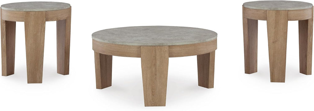 Signature Design by Ashley Guystone Casual Table Set with Faux Cement Melamine Tabletop, Set of 3, Light Brown & Light Gray