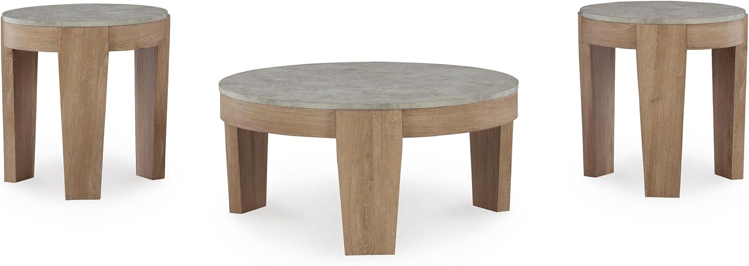 Signature Design by Ashley Guystone Casual Table Set with Faux Cement Melamine Tabletop, Set of 3, Light Brown & Light Gray