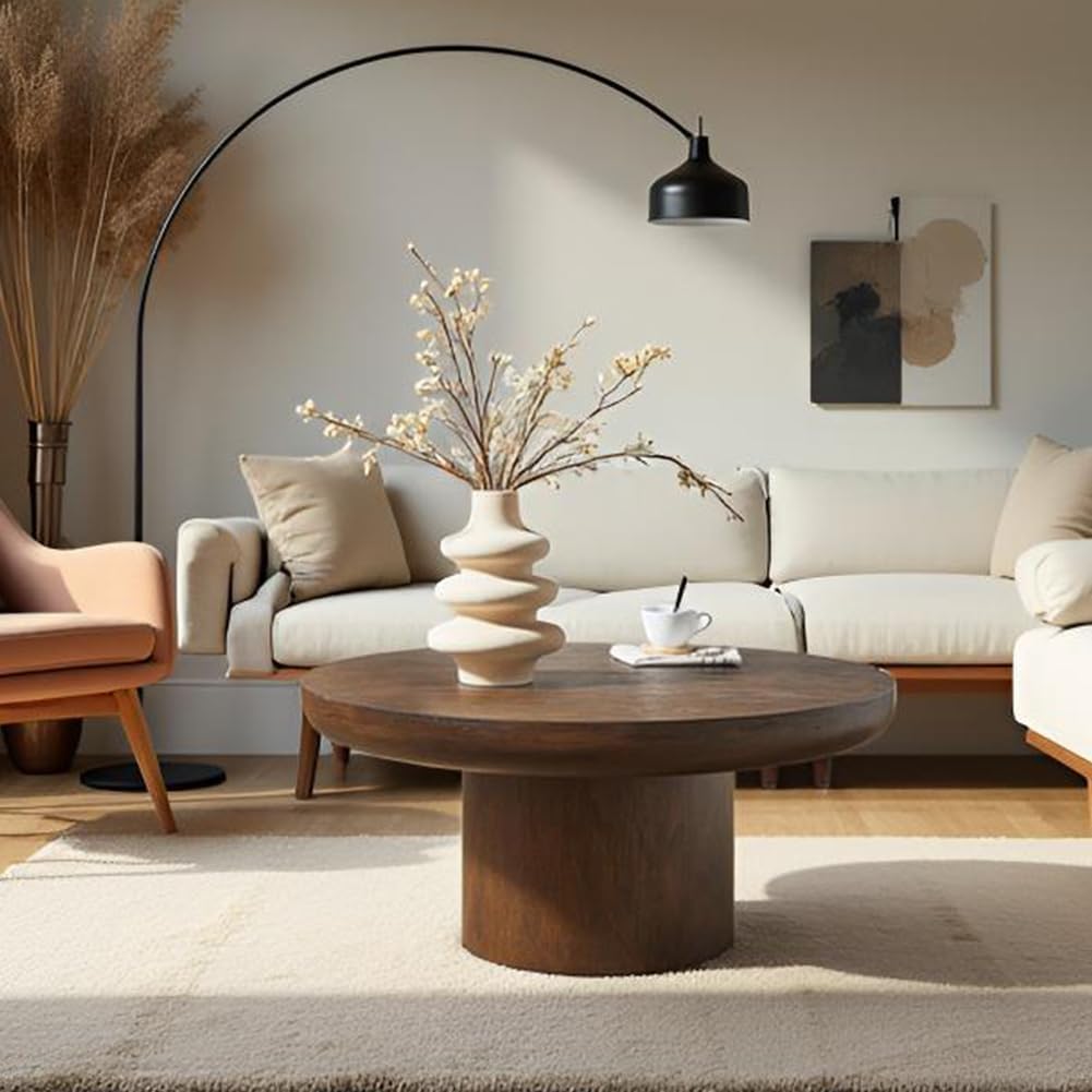 35.98'' Round Wood Coffee Table for Living Room Mushroom Coffee Table Mid Century Modern Center Table with Pedestal Farmhouse Rustic Tea Table for Apartment Office，Brown