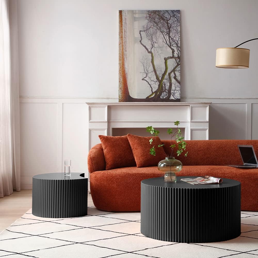Nesting Coffee Table Set of 2, Modern Round Coffee Table End Table Set for Living Room, Wood Circle Drum Side Table,Black