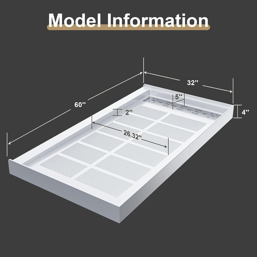 60' x 32' Shower Base Non-Slip SMC Shower Pan with Left Drain, White Bathroom Shower Tray Kit, 304 Stainless Steel Square Drain Cover, Single Threshold Floor for Easy Installation