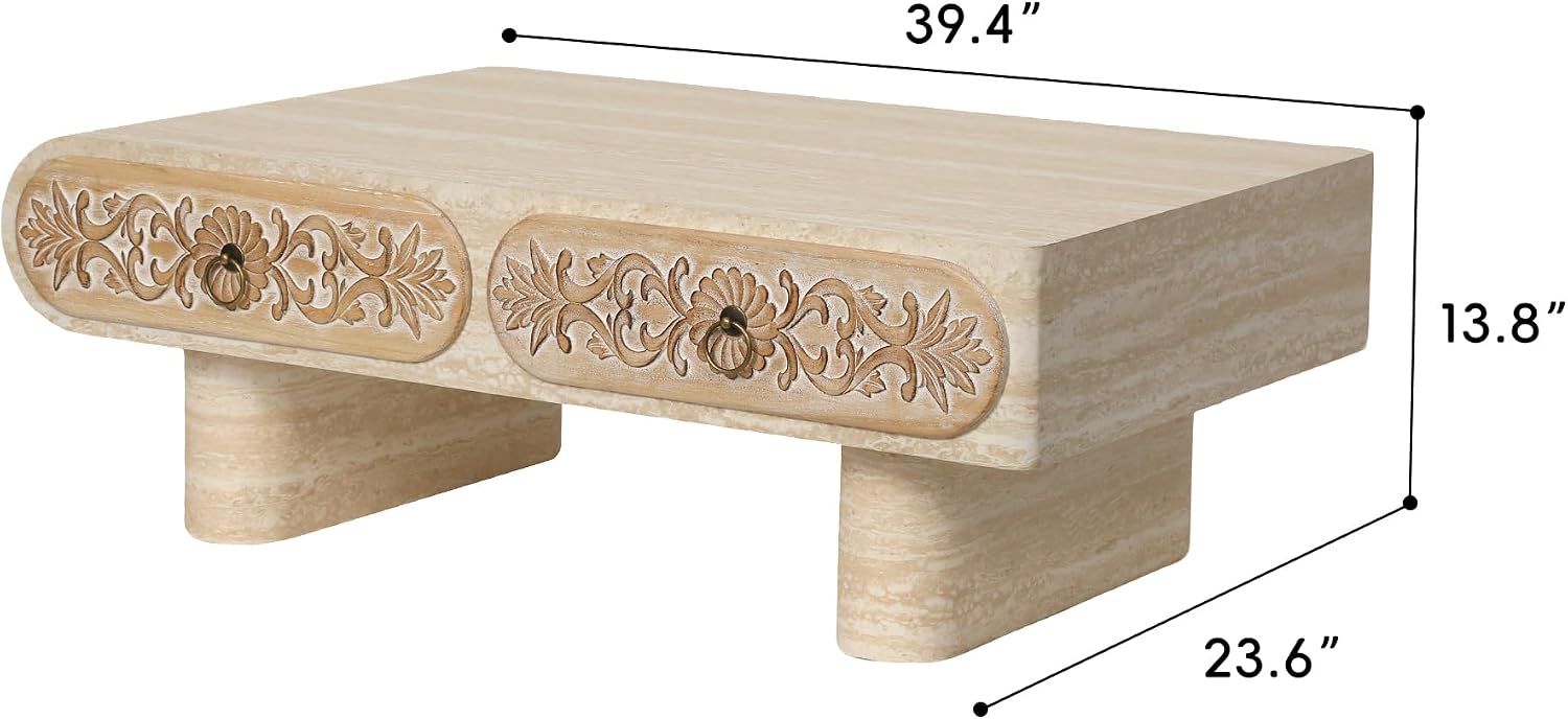 39.5' Faux Mars Coffee Table with Storage, Modern Travertine Coffee Tables with 2 Solid Wood Carved Drawers for Living Room, Rectangular Coffee Center Tea Table with Sturdy Legs for Apartment