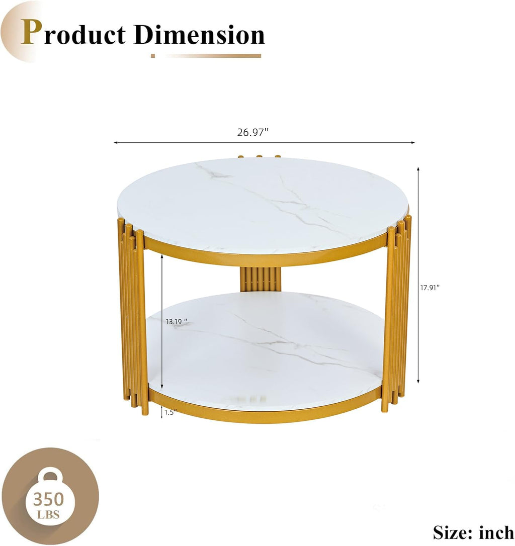 Round Marble Coffee Table Luxury 2-Tier Center Coffee Table with Gold Metal Frame Modern Living Room Table Elegant White Accent Cocktail Tea Table with Storage Shelves