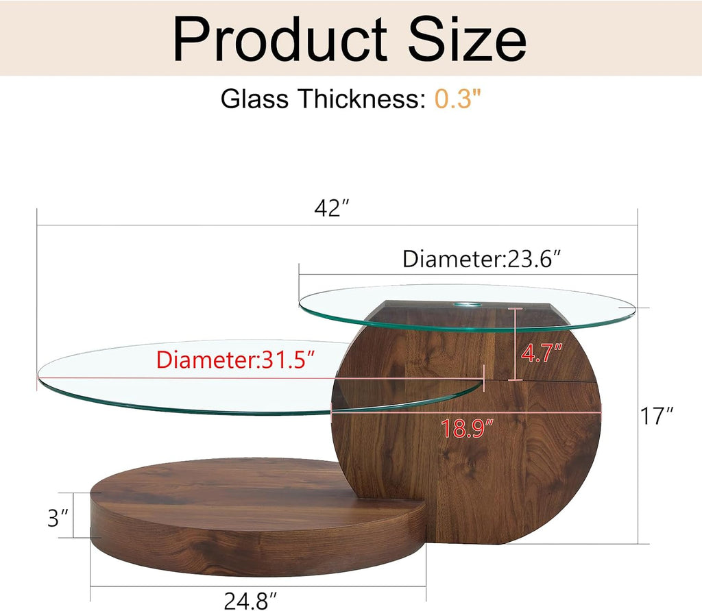 Glass Coffee Table 3 Tier Round Coffee Tables Tempered Clear Glass Top and Wood Table with Storage Modern Circle Coffee Table for Living Room(42' Dark Brown)