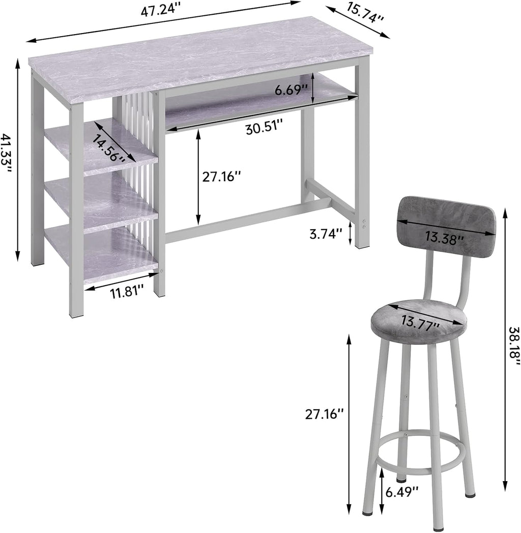 AWQM 3-Piece Bar Table and Chairs Set, Modern Glay Table with 2 PU Cushion Bar Stools, Kitchen Counter with 3 Tier Storage Shelves, Space Saving Table for Home & Kitchen, Black Frame