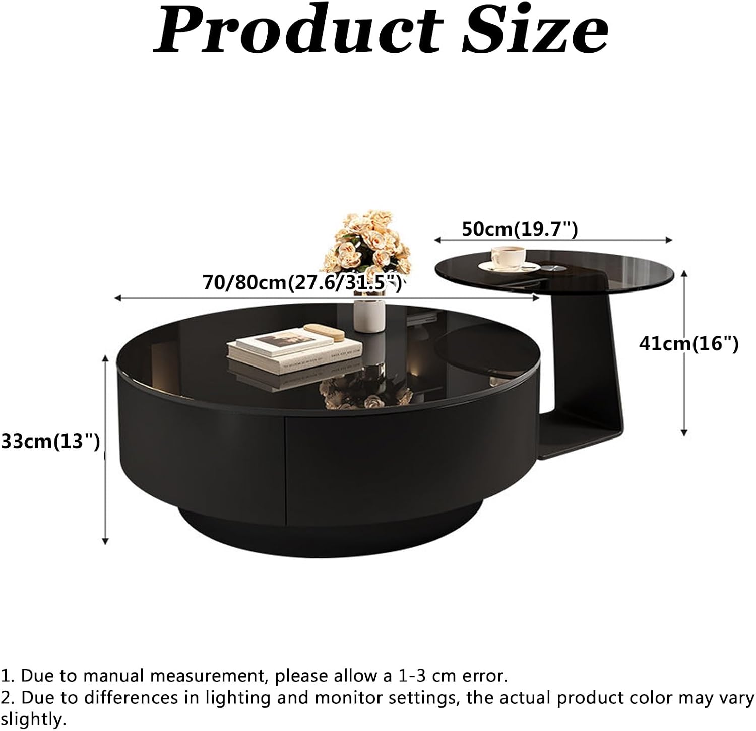 Modern Glass Coffee Circle Nesting Tables Set of 2,Coffee Tables for Living Room with Storage,Circle Drum Center Table,Apartment,Office,Minimalist Design(27.6 * 27.6 * 13')