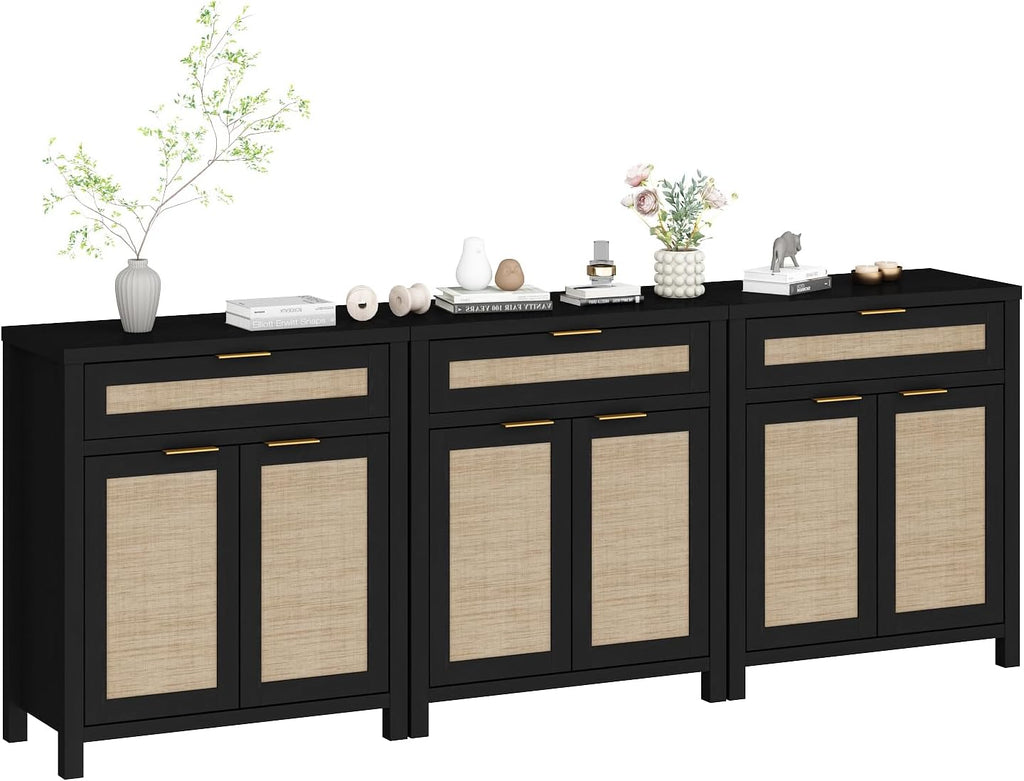 HOKYHOKY Rattan Sideboard Buffet Cabinet Set of 3, Boho Storage Cabinet with Adjustable Shelves, Farmhouse Credenza Coffee Bar Table with Doors & Drawer for Living Room, Hallway & Kitchen, Black