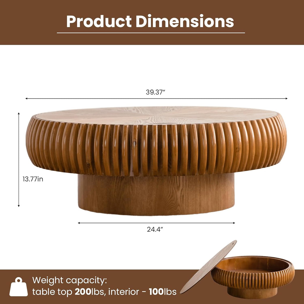 Round Fluted Coffee Table with Storage for Living Room, Modern Wooden Drum Coffee Table with Solid Wood Veneered, Circle Accent Tea Center Table for Small Space Apartmen (Brown, 39.37' with Storage)