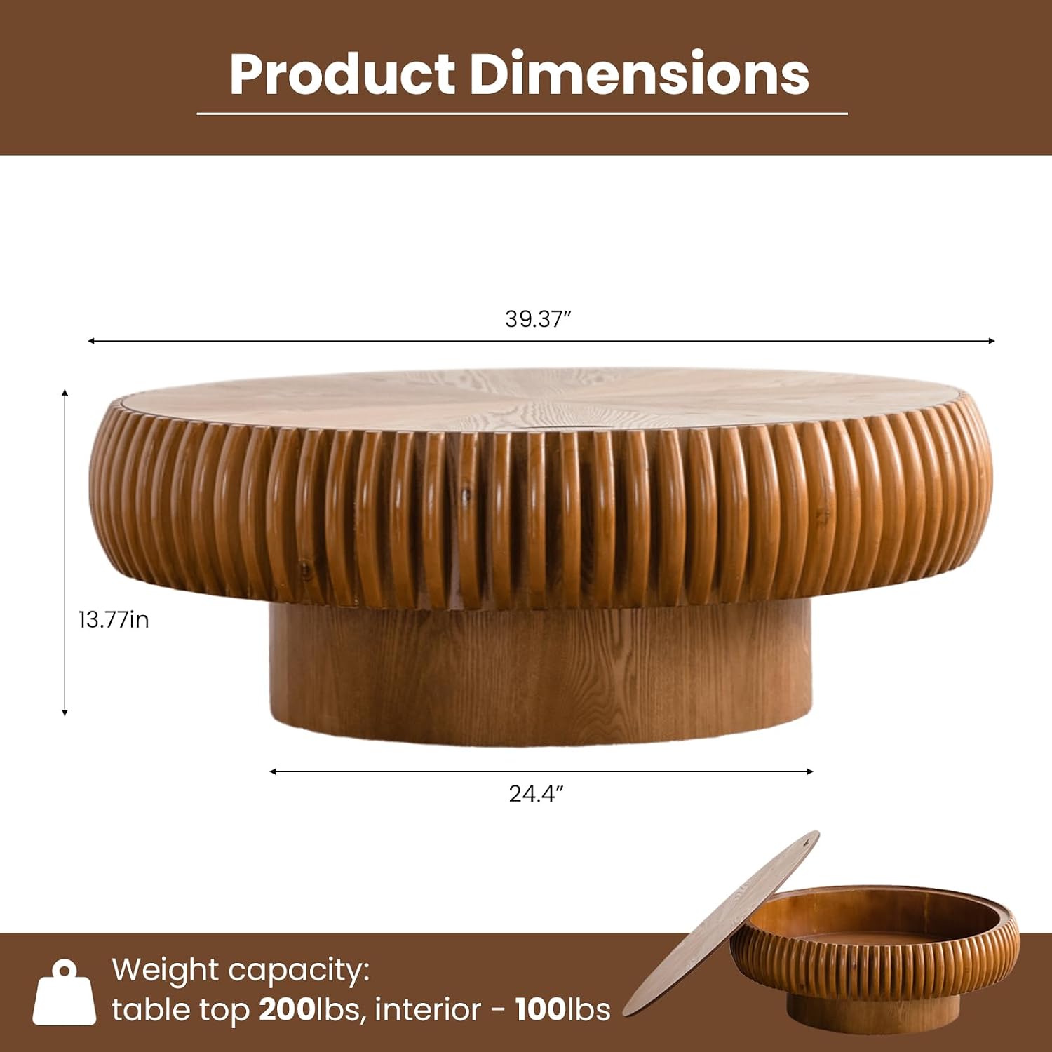Round Fluted Coffee Table with Storage for Living Room, Modern Wooden Drum Coffee Table with Solid Wood Veneered, Circle Accent Tea Center Table for Small Space Apartmen (Brown, 39.37' with Storage)