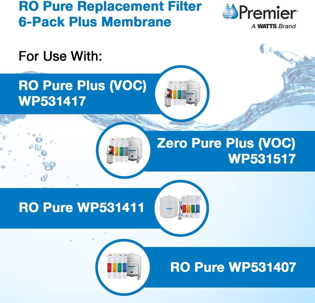Watts Premier Annual RO Pure 6-Pack Filtration Kit for Zero/Pure Plus Reverse Osmosis System, Push Button Water Filter Replacement, 2 Sediment Filters, 2 Carbon Pre-Filters, 1 Post-Filter, Membrane