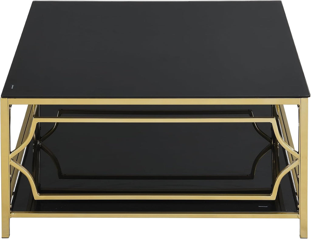33.5'' Tempered Glass Square Coffee Table for Living Room, 2-Tier Modern Coffee Table, Black Mirror Tabletop & Metal Base, Easy Assembly, Black & Gold
