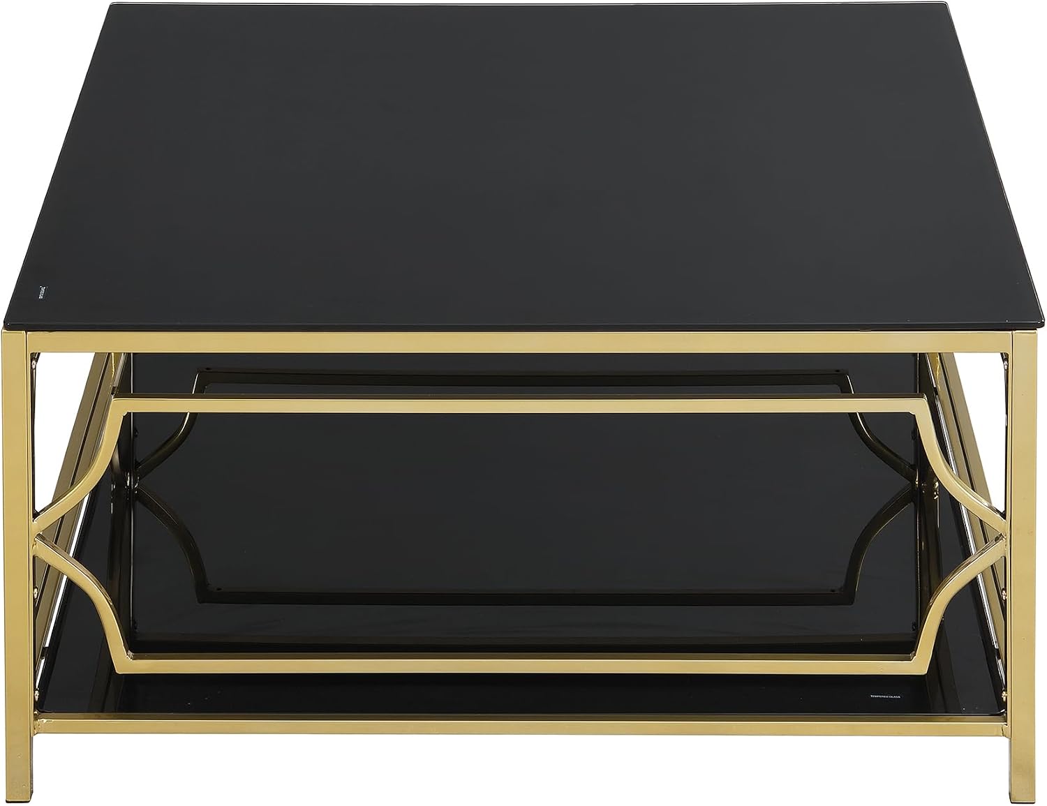 33.5'' Tempered Glass Square Coffee Table for Living Room, 2-Tier Modern Coffee Table, Black Mirror Tabletop & Metal Base, Easy Assembly, Black & Gold