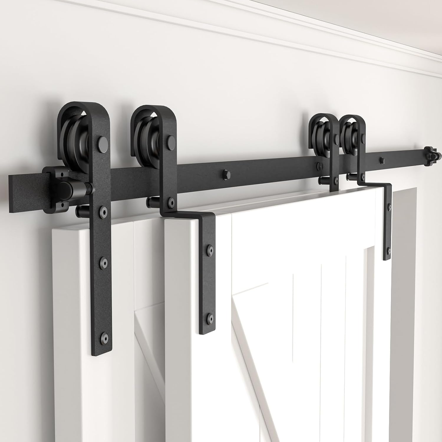 14FT Bypass Sliding Barn Door Hardware Kit, Combination Track Mode Sliding Door Hardware, Double Wooden Doors Use Single Track Bypass Barn Door Hardware (14 Feet)