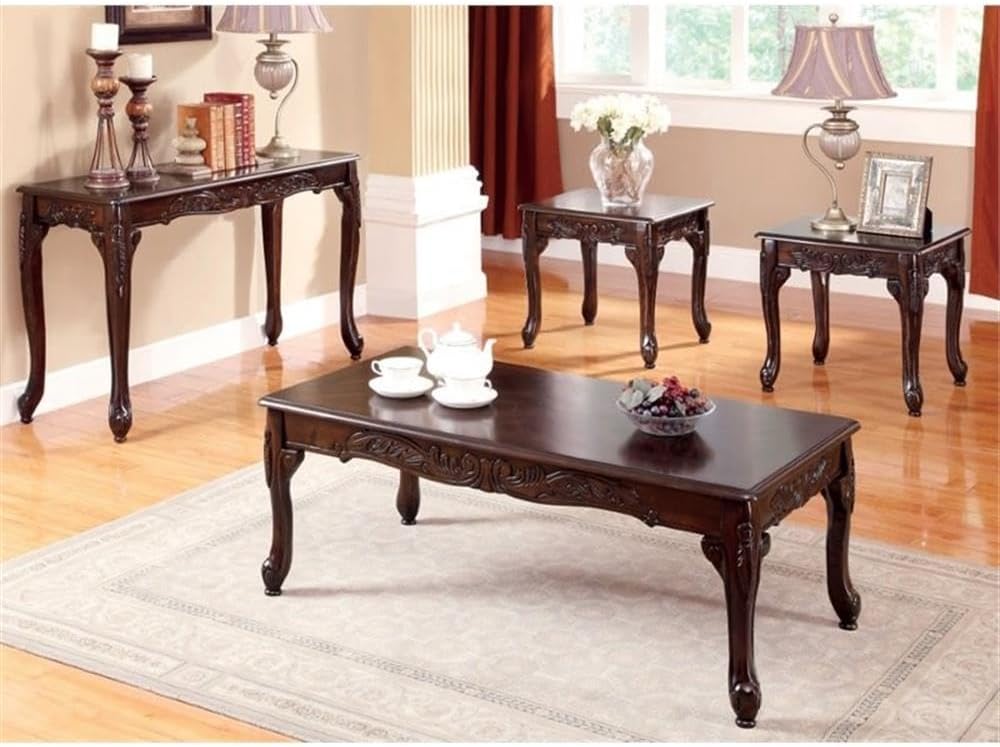 BOWERY HILL Traditional Solid Wood Coffee Table Set, 4-Piece, Dark Cherry Finish, Rectangle Shape, Cabriole Legs, Intricate Scrollwork Design for Living Room or Family Room Use