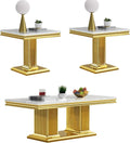 Modern 3 Piece Marble Living Room Table Set, Includes 1 Coffee Table & 2 End Table, Luxury White Faux Marble Coffee Table Set with Gold Column-Shaped Stainless Steel Base for Home Office