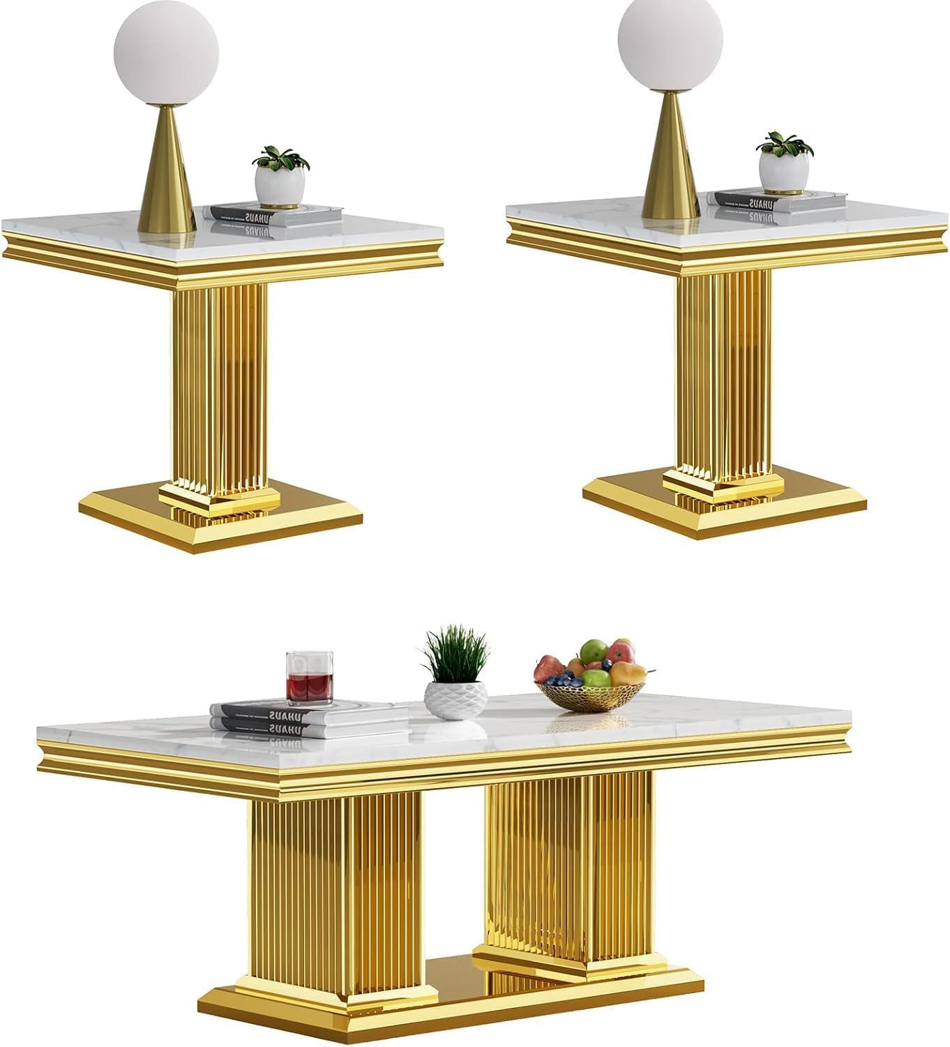 Modern 3 Piece Marble Living Room Table Set, Includes 1 Coffee Table & 2 End Table, Luxury White Faux Marble Coffee Table Set with Gold Column-Shaped Stainless Steel Base for Home Office
