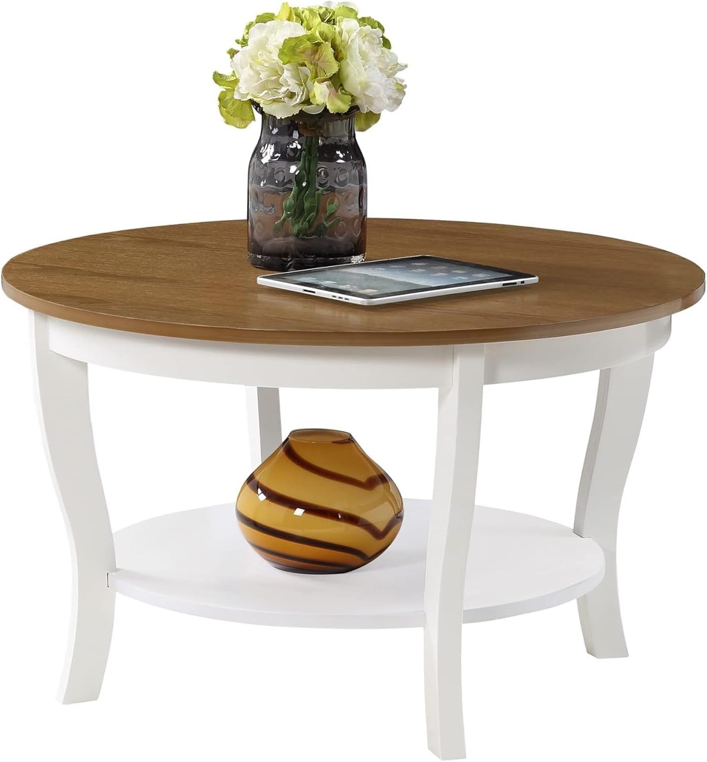 HomeStock Global Greatness Round Coffee Table with Shelf, Wood Finish, Classic Transitional Style Table, Two Tier Spacious Shelving, 30.00 x 30.00 x 18.00 Inch Driftwood and White