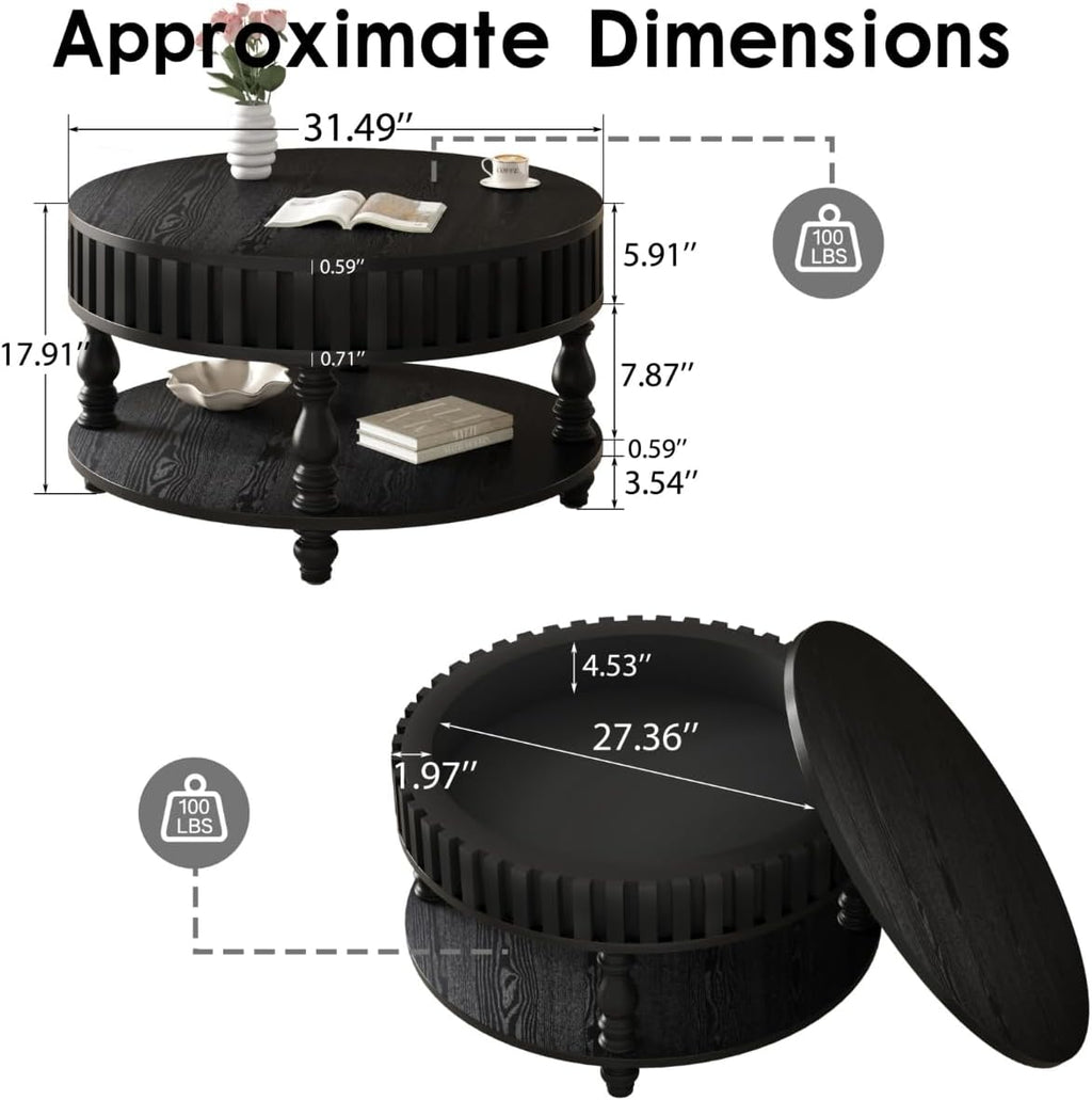 31.49'' Round Coffee Table with Storage Space, 2-Tier Modern Rustic Wood Circle Fluted Coffee Table for Living Room, Moveable Table Top & Easy Assembly, Black