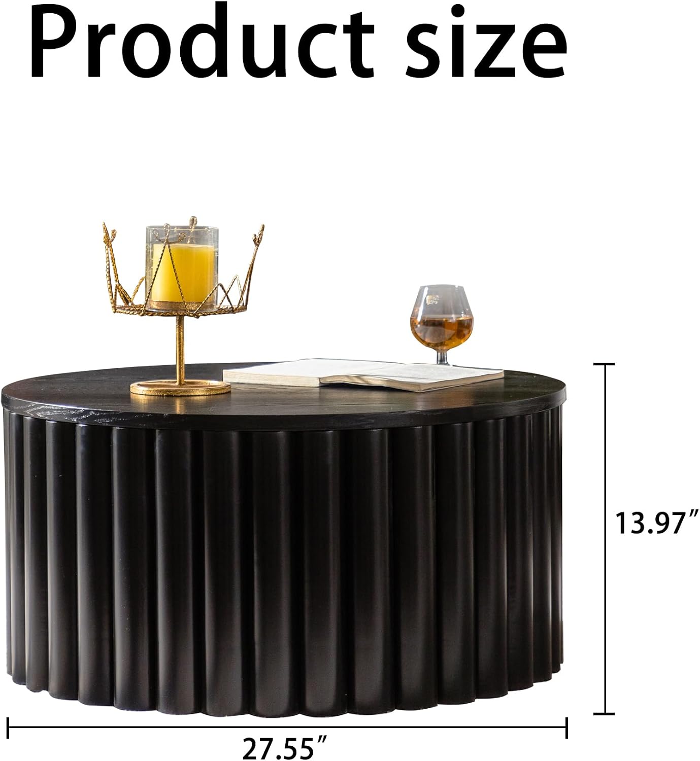 ø27.55'' Round Lift Top Coffee Table with Hidden Storage Space, Modern Drum Handcraft Wood Fluted Coffee Table for Living Room, No, Assembly, Black