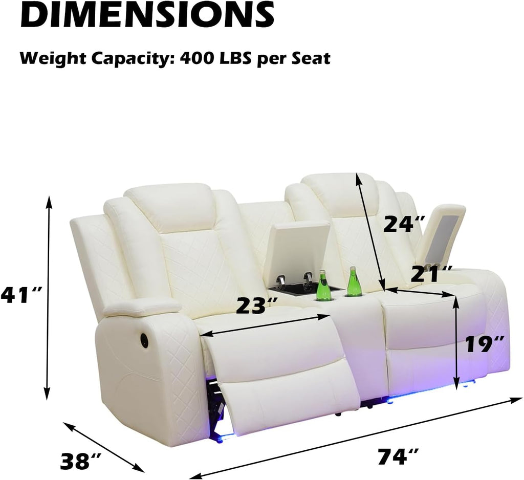 Power Leather Recliner Sofa with LED Light,74' Power Double Reclining Loveseat with Storage Console/Cup Holders/USB Port,2 Seater Leather Couch for Living Room Furniture(White,Loveseat)