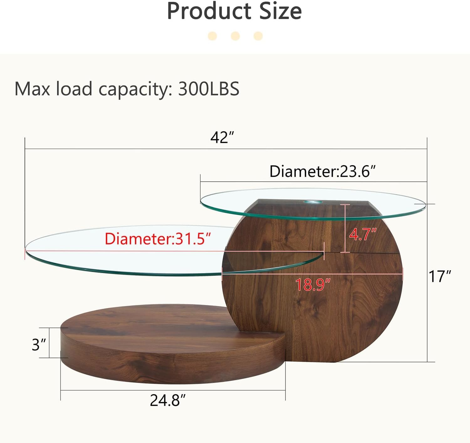 Glass Coffee Table, Modern Round Clear Coffee Tables for Living Room, 3-Tier Circle Tempered Coffee Table with Storage Wooden Side Table for Home Bedroom Balcony Yard (Walnut, 42 inch)