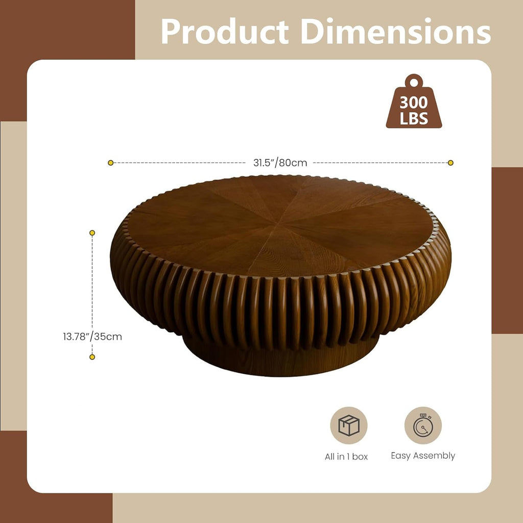 Round Drum Coffee Table Modern Coffee Tables Fluted Coffee Table Circle Center Table Pedestal End Table for Living Room Bedroom(31.5in Walnut)