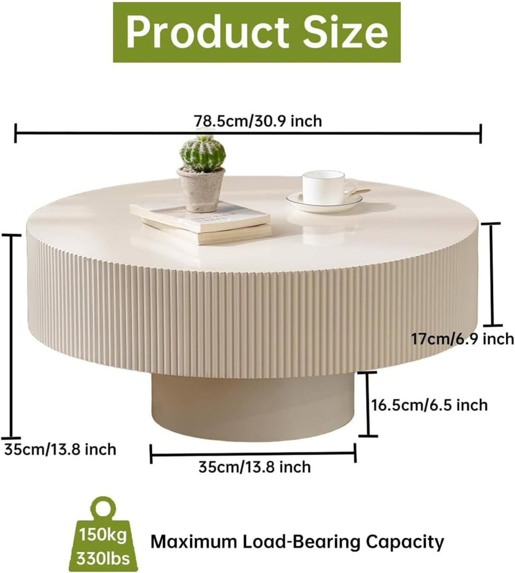 Round Fluted Coffee Table Round Drum Coffee Table for Living Room Modern Circular Pedestal Center Table (Circle Ivory White 30.9in)