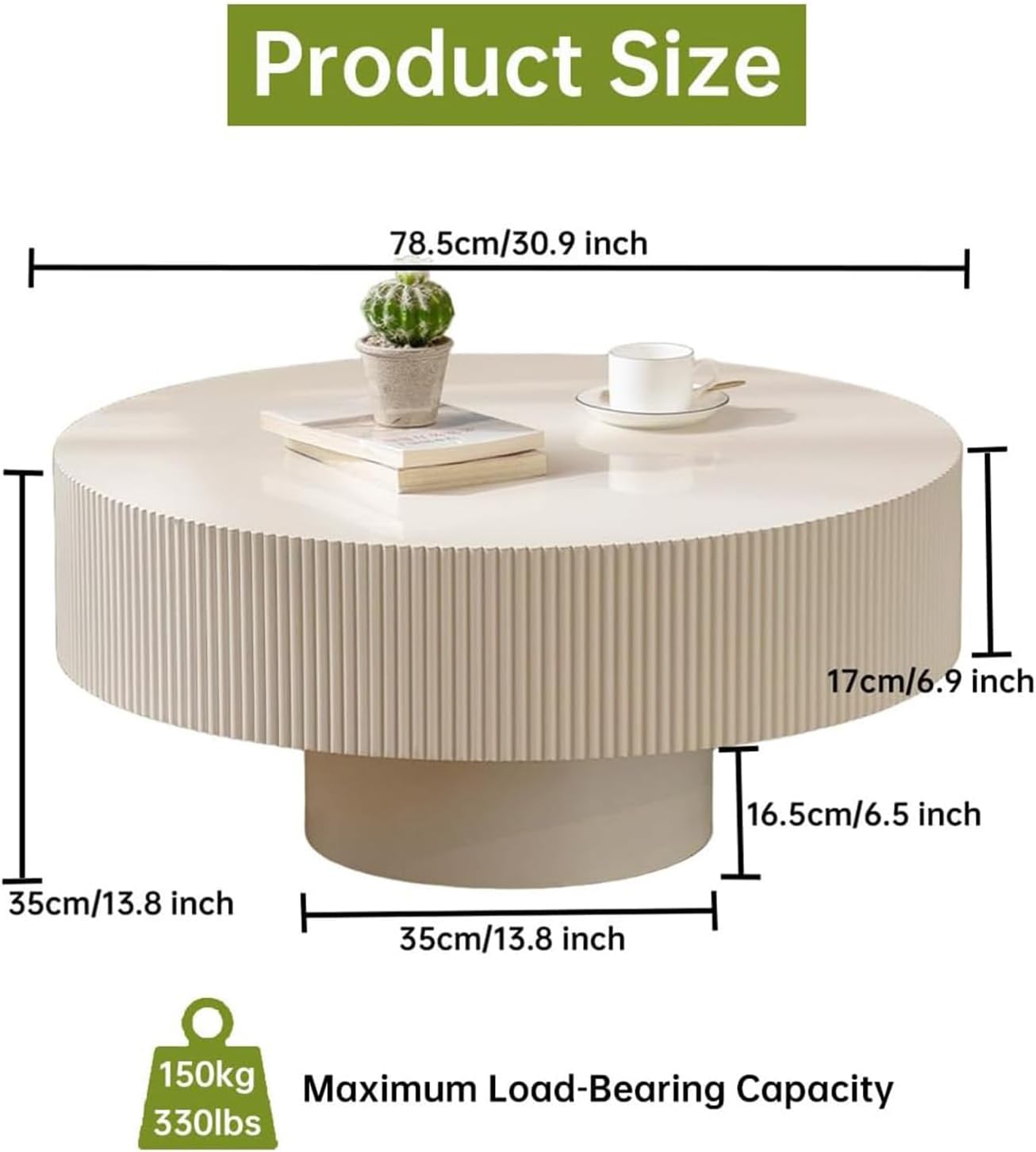 Round Fluted Coffee Table Round Drum Coffee Table for Living Room Modern Circular Pedestal Center Table (Circle Ivory White 30.9in)