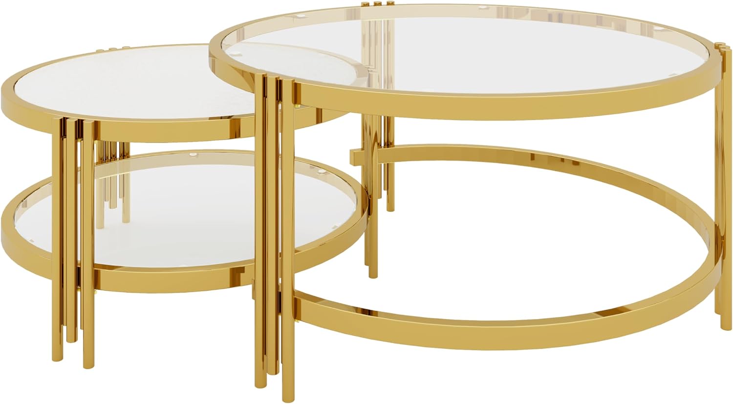Merax 2-Piece Nesting Round Coffee Table Set, Gold Finish Metal Frame with Textured Tempered Glass Tops, Modern Stylish Accent & Side Table for Living Room, Bedroom, Apartment, Office, Transparent