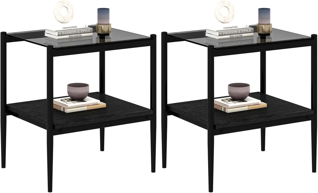 ODUSE-DAILY Coffee Table and End Table 3 Piece Living Room Set, Black Metal Frame Glass Top End Tables, Square Top Shelf, Sofa or Couch Side Tables, Mesa de Centro para Sala (3 Pcs)