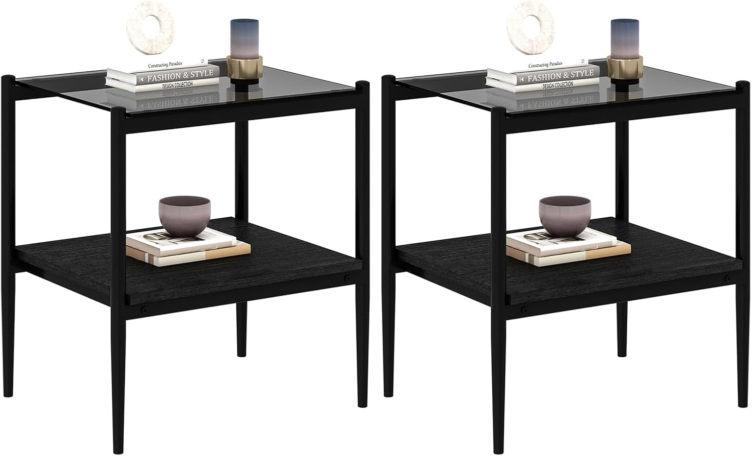 ODUSE-DAILY Coffee Table and End Table 3 Piece Living Room Set, Black Metal Frame Glass Top End Tables, Square Top Shelf, Sofa or Couch Side Tables, Mesa de Centro para Sala (3 Pcs)