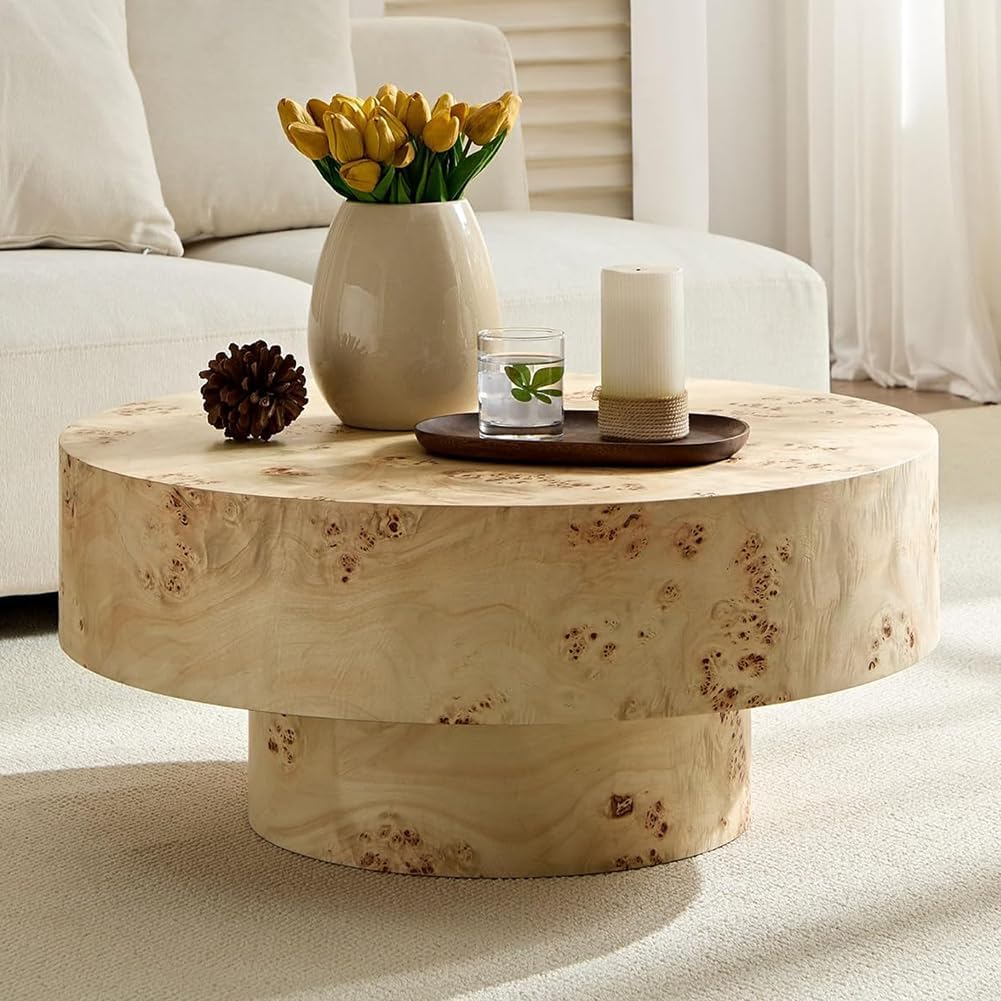 Burl Wood Coffee Table for Living Room Round Wood Coffee Table with Pedestal 31.49' French Country Rustic Circle Center Tables Accent Tables for Apartment Easy Assembly,Natural Wood