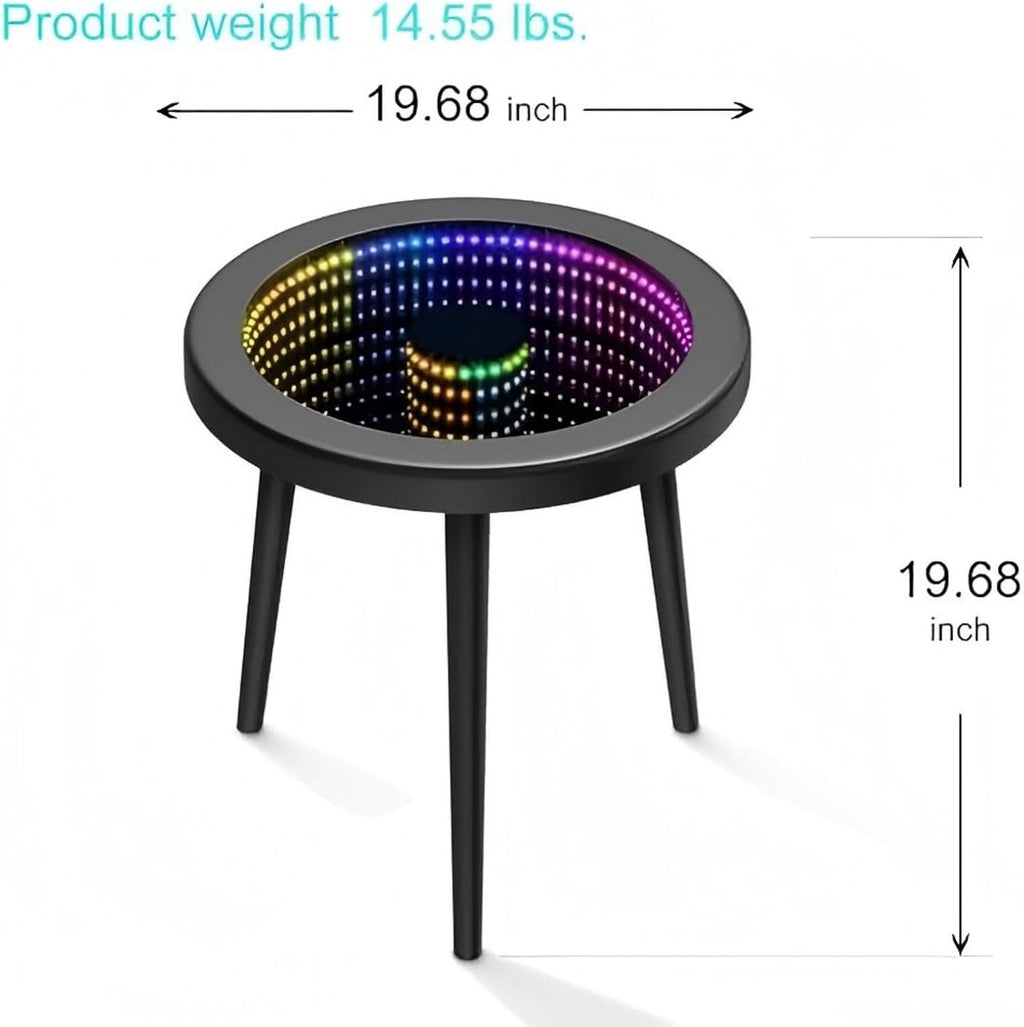 HANYEE Small Circle Coffee Table, Infinity Mirror Table, Small Round Side Table, for Home Living Room, Office,Tempered Glass Surface with RGB LED Lighting Smart Control, Office and Bedroom-Black