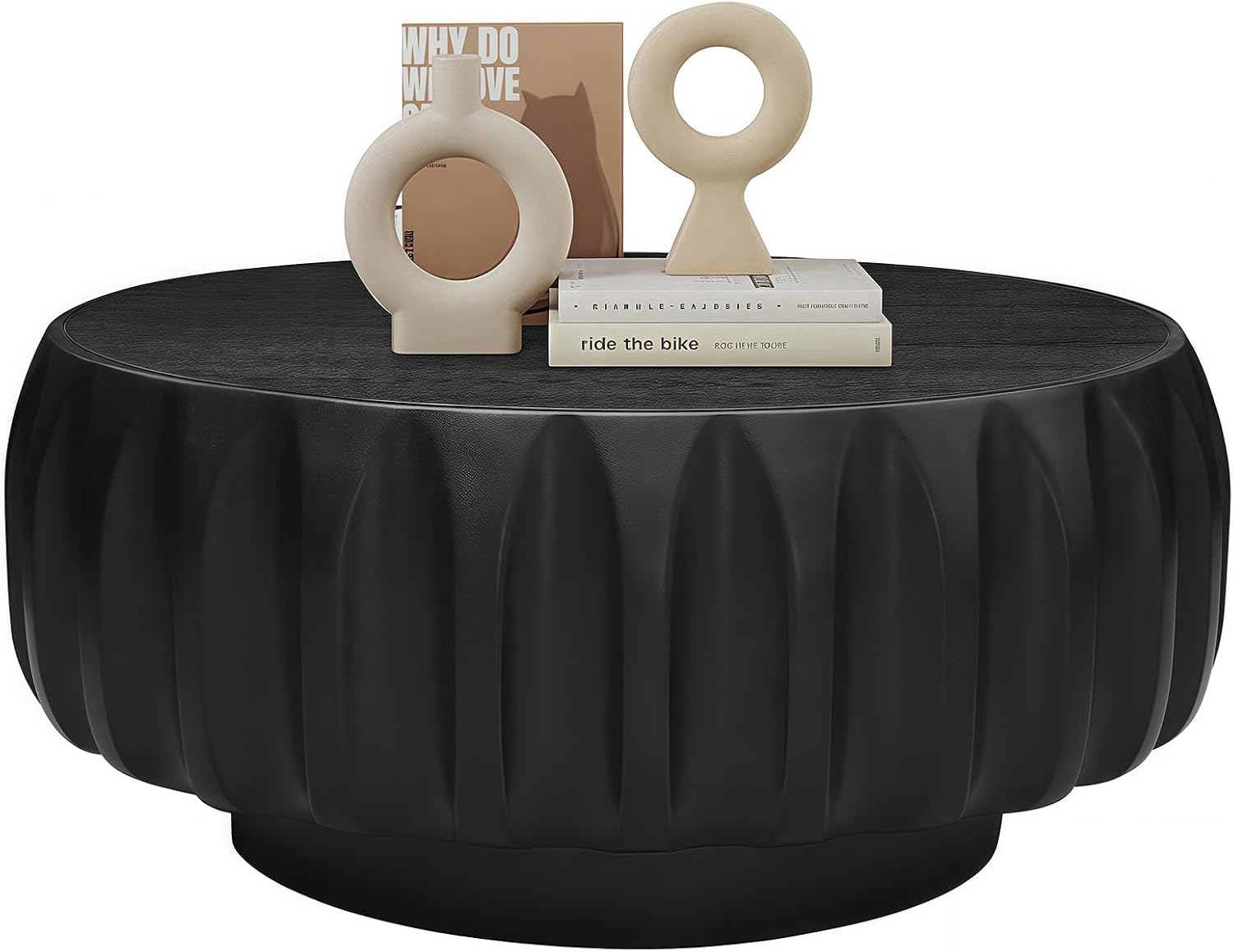 Round Wood Coffee Table, Handcraft Drum Tea Center Table for Living Room, Modern Circle Wooden Cocktail Table for Small Space, Easy Assembly