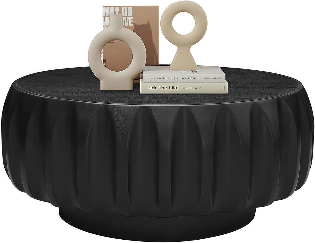 31.5' Drum Coffee Table Modern Unique Fluted Tea Table Contemporary Wood Round Coffee Table with Fluted Centry Table for Living Room Black