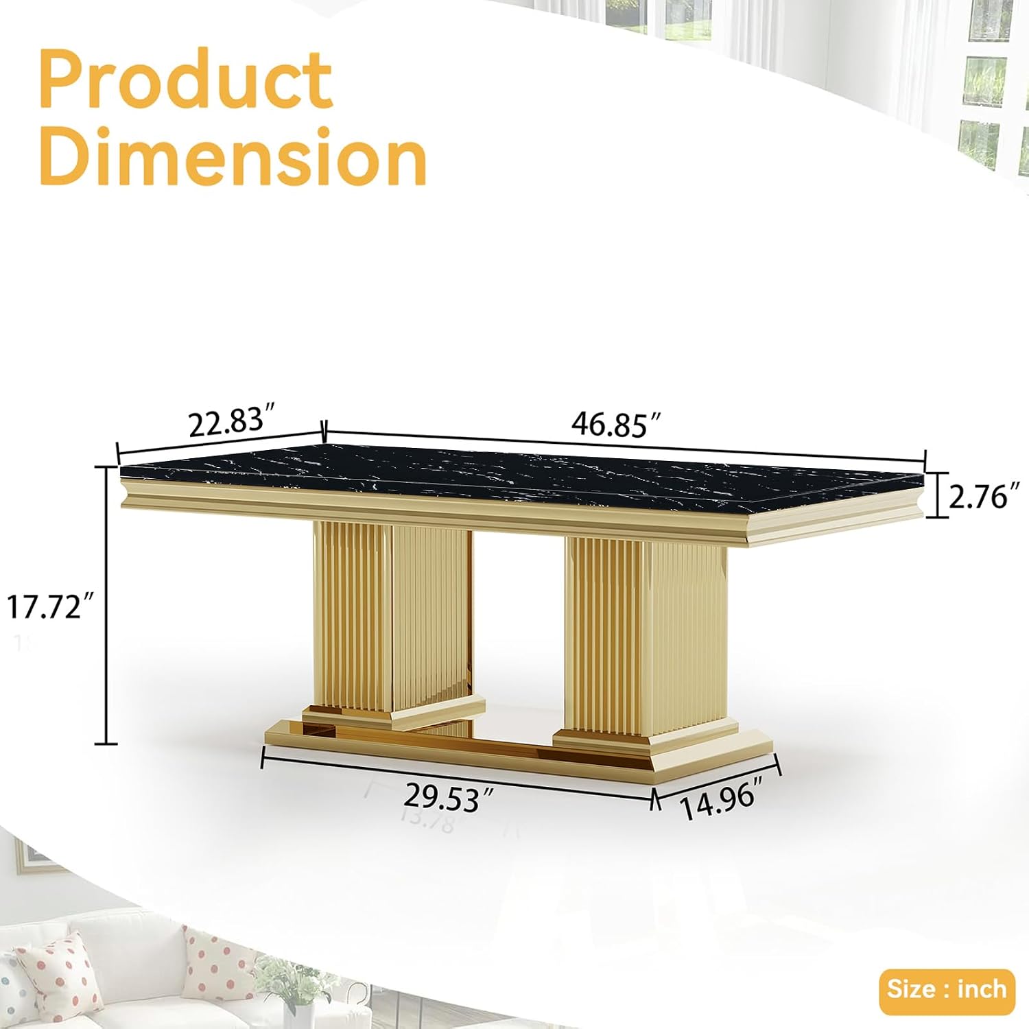 Modern Marble Coffee Table, 47' Black Gold Coffee Table with Mirrored Column-Shape Stainless Steel Base, Faux Marble Rectangle Living Room Center Table Cocktail Tea Table for Home Office