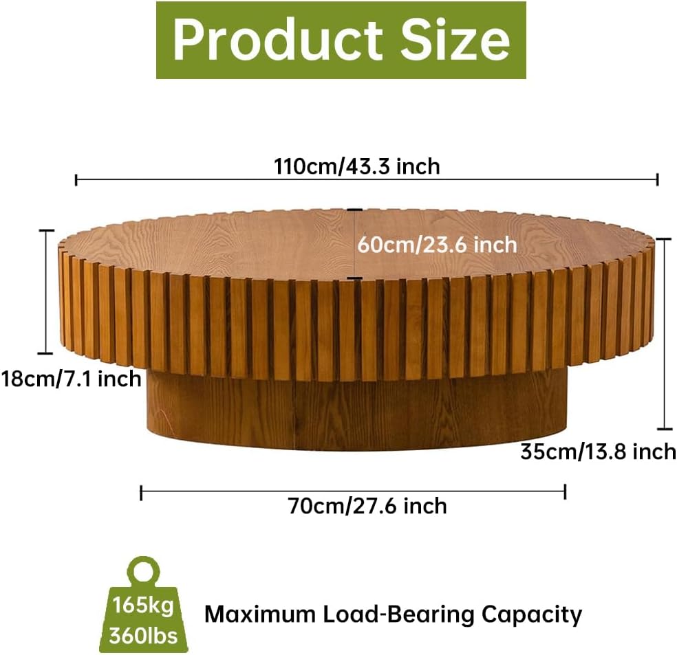 Oval Fluted Coffee Table Drum Coffee Tables for Living Room Modern Pedestal Center Table (Oval Wood 43.3in)