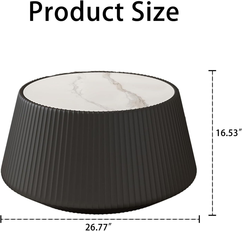 26.77' Marble Coffee Table, Modern Cup Shaped Coffee Table with Sintered Stone Top and PU Leather Covered, Black Fluted Cocktail Center Tea Coffee Tables for Living Room,No Need Assembly